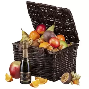 Bristol Kwiaciarnia online - Kosz prezentów z owocami i szampanem Bukiet