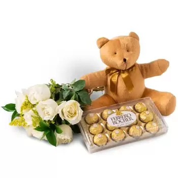 Amarante květiny- Kytice z 8 bílých růží, čokolády a medvídka Květ Dodávka