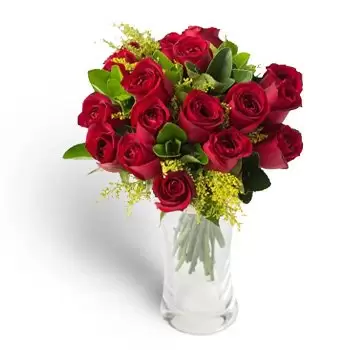 Anama bunga- Pengaturan 18 Mawar Merah dan Vase Dedaunan Bunga Pengiriman