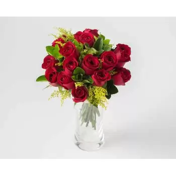 Almofala kukat- 18 punaisen ruusun ja maljakon lehtien järjes Kukka Toimitus