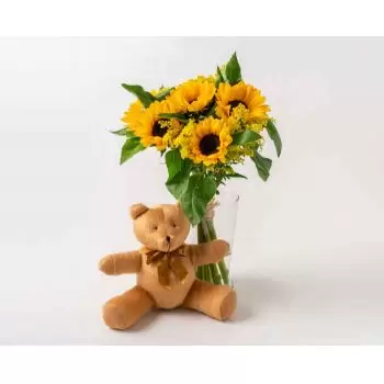 Alto Longa kukat- Auringonkukat maljakossa ja nallekarhussa Kukka Toimitus
