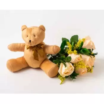 Almeirim flori- Buchet de 8 Champagne și Teddybear Roses Livrare