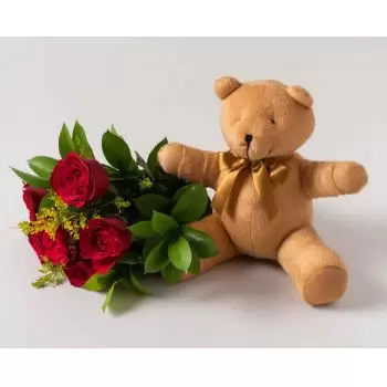 Anel flori- Buchet de 6 trandafiri rosii si Teddybear Livrare
