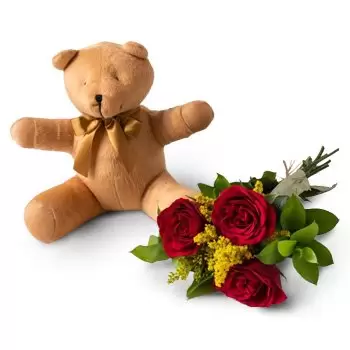 Alto Feliz bunga- Susunan 3 Mawar Merah dan Teddybear Penghantaran