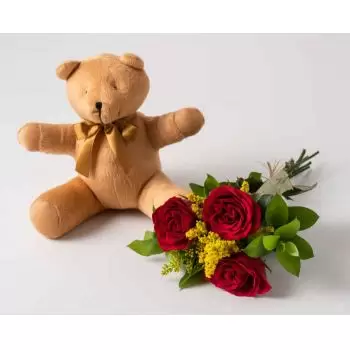 Fortaleza kedai bunga online - Susunan 3 Mawar Merah dan Teddybear Sejambak