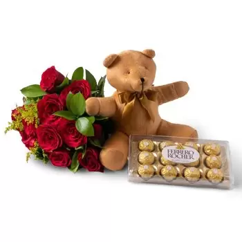 Белем цветя- Букет от 12 червени рози, Теди и Шоколад Цвете Доставка