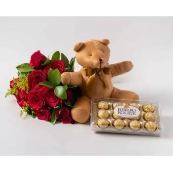 Acrelandia květiny- Kytice z 12 červených růží, medvídka a čokolá Květ Dodávka