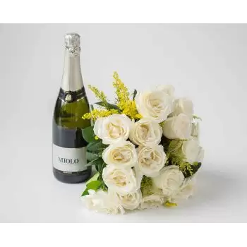 פורטלזה פרחים- זר של 18 ורדים לבנים ויין מבעבע פרח משלוח