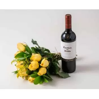 Бразилия цветя- Букет от 15 жълти рози и червено вино Цвете Доставка