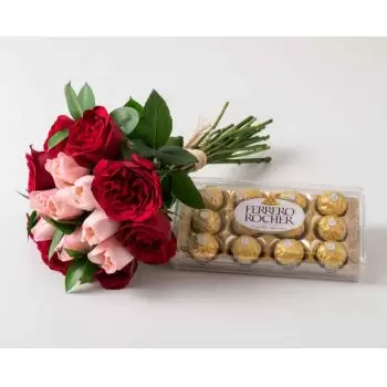 Angelandia kukat- Kimppu 15 kaksiväristä ruusua ja suklaata Kukka Toimitus