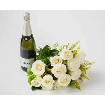 ブラジリア 花- 白いバラとスパークリングワインのブーケ 花 配信
