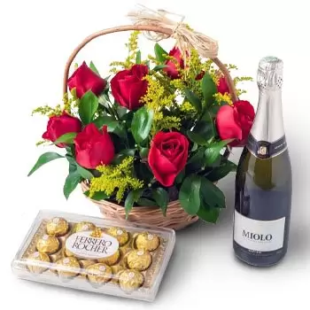 בלם פרחים- סל עם 9 ורדים אדומים, שוקולד ויין מבעבע פרח משלוח