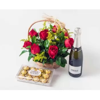 Amargosa flori- Coș cu 9 trandafiri roșii, ciocolată și vin s Floare Livrare
