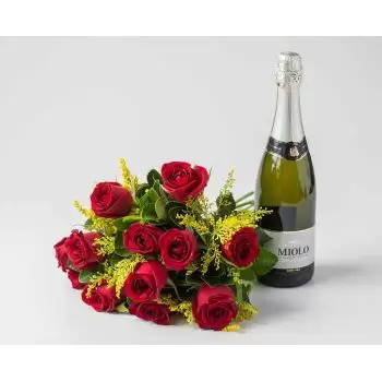 Airoes flori- Buchet de 12 trandafiri rosii si vin spumant Floare Livrare