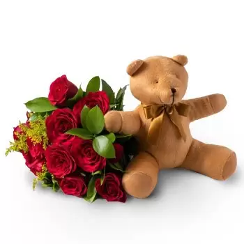 Anguereta flowers  -  Bouquet of 12 Red Roses and Teddybear Delivery