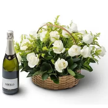 Recife kvety- Kôš s 24 bielymi ružami a šumivým vínom Kvet Doručenie