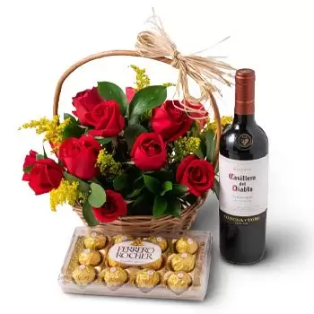 בלו הוריזונטה פרחים- סל עם 15 ורדים אדומים, שוקולד ויין אדום פרח משלוח