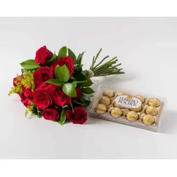 Alfredo Guedes kukat- Kimppu 12 punaista ruusua ja suklaata Kukka Toimitus