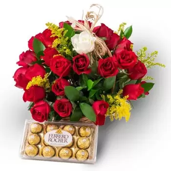 ベレン オンライン花屋 - 39本の赤いバラと1つの孤独なバラの別の色とチョコレートのバスケット 花束