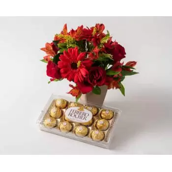 Aiquara kukat- Punaisten kukkien ja suklaasekoituksen järjes Kukka Toimitus