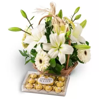 fiorista fiori di Alto Santo- Cesto di gigli, gerbere bianche e cioccolato Fiore Consegna