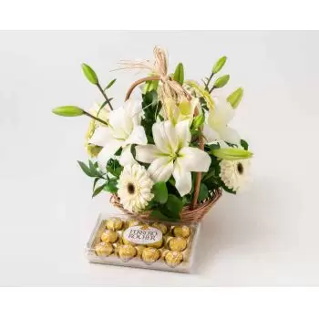 Alpinopolis kukat- Korillinen liljoja, valkoisia gerberoja ja su Kukka Toimitus