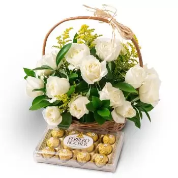 בלם פרחים- סל עם 24 ורדים לבנים ושוקולדים פרח משלוח