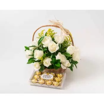 Alpinopolis flori- Coș cu 24 de trandafiri albi și ciocolată Floare Livrare