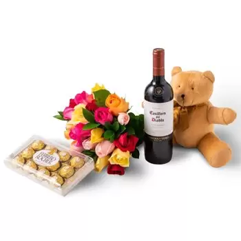 ベロオリゾンテ オンライン花屋 - 24色のバラの花束、チョコレート、テディベア、赤ワイン 花束