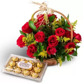 Belém Fleuriste en ligne - Panier avec 24 roses rouges et chocolat Bouquet