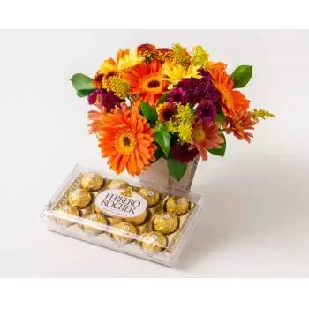 ブラジル 花- カラフルなフィールドフラワーとチョコレートの中央値アレンジ 花 配信