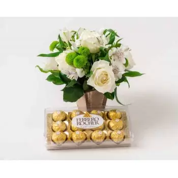 بائع زهور اليموا- ترتيب الورود وأستروميليا في زهرية والشوكولاته زهرة التسليم