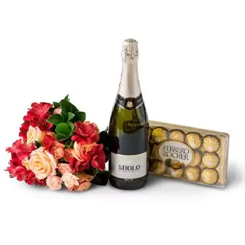 ベレン 花- ピンクトーン、チョコレート、スパークリングワインのバラとアストロエリアの花束 花 配信