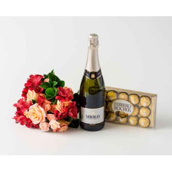 ベロオリゾンテ 花- ピンクトーン、チョコレート、スパークリングワインのバラとアストロエリアの花束 花 配信