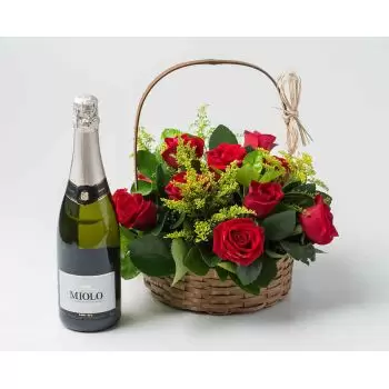 Analandia flori- Coș tradițional cu 9 trandafiri roșii și vin  Floare Livrare