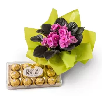 Angico kukat- Violetti maljakko lahjaksi ja suklaaksi Kukka Toimitus