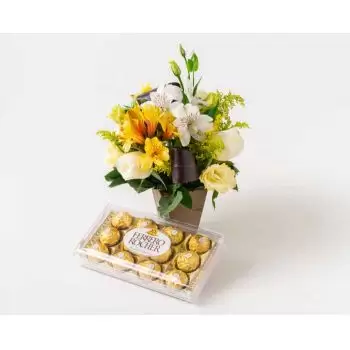 Andiroba flori- Aranjament de flori țară în lemn și ciocolată Floare Livrare