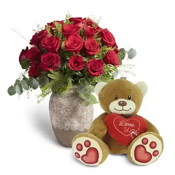 Mérida-virágok- Pack 24 vörös rózsa + Teddy medve szív Virág Szállítás