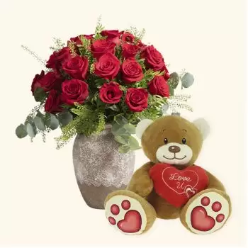 마자 론 꽃- 팩 24 빨간 장미 + 테디 베어 심장 꽃 배달