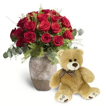 Bilbao bunga- Pek 24 Mawar Merah + Beruang Teddy