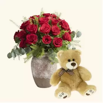 Bonrepos blomster- Pakke 24 røde roser + Bamse Blomst Levering