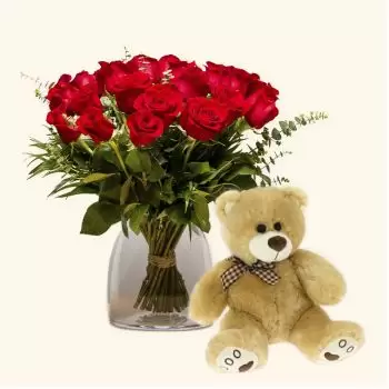 Sevilla-virágok- Csomag 18 vörös rózsa + Teddy mackó 