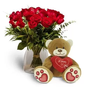 Malaga bunga- Paket 18 Mawar Merah + Hati Beruang Teddy