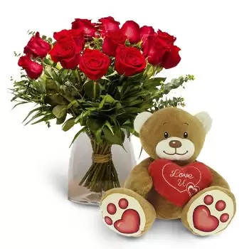 Alegría Dulantzi flori- Pachet 15 trandafiri rosii + teddy urs inima Floare Livrare