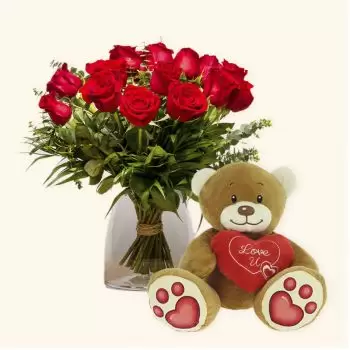 Badalona flowers  -  Pack 15 red roses + Teddy bear heart Delivery