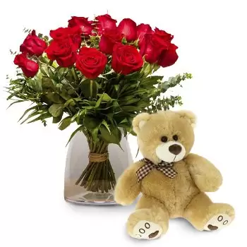 Mairena Del Aljarafe blommor- Förpackning 15 röda rosor + Teddybjörn Blomma Leverans