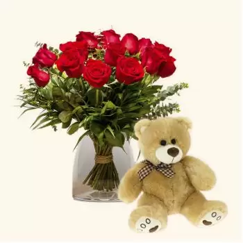 Беналмадена цветя- Пакет 15 червени рози + Плюшено мече Цвете Доставка