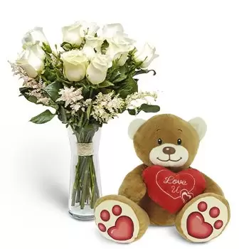 Granada-virágok- Pack 12 fehér rózsa + Teddy medve szív Virág Szállítás