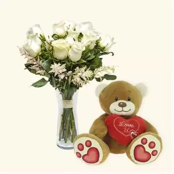 flores de San Sebastian- Embalar 12 rosas brancas + Coração de urso de Flor Entrega
