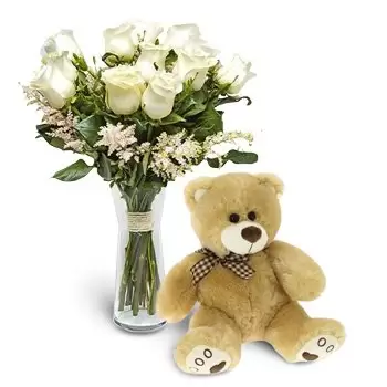 Almendralejo Blumen Florist- Pack 12 weiße Rosen + Teddybär Blumen Lieferung